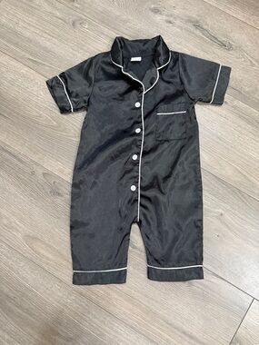 Black Satin Button-Front Short Sleeve Romper with White Piping